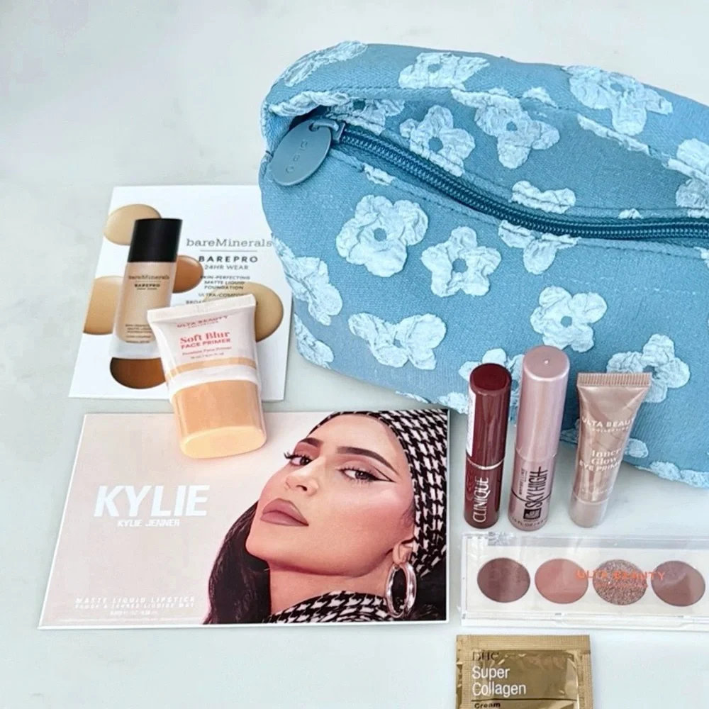 Ulta Beauty Denim Floral Stuffed Cosmetic & Make-Up Bag BUNDLE, Travel Samples